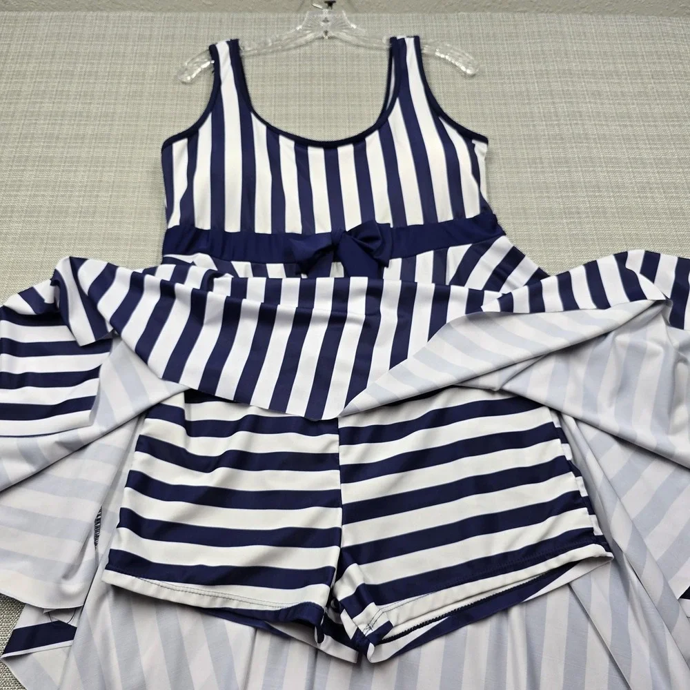 Danify Swimdress Womens 52 Blue White Striped Handkerchief Hem Bow Nautical - Picture 6 of 10